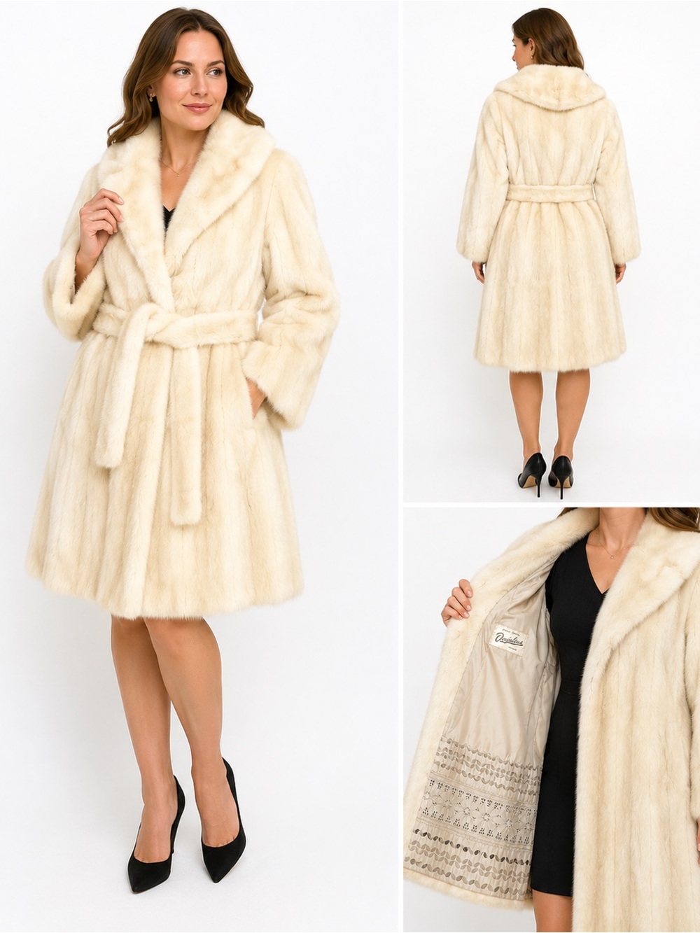 Vintage Desjardins Montreal Genuine Mink Fur Coat Ivory Cream Belted